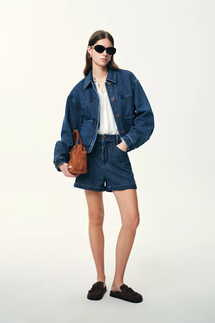 Salome Vertical Stripe Shorts in Herringbone Denim - Image 3