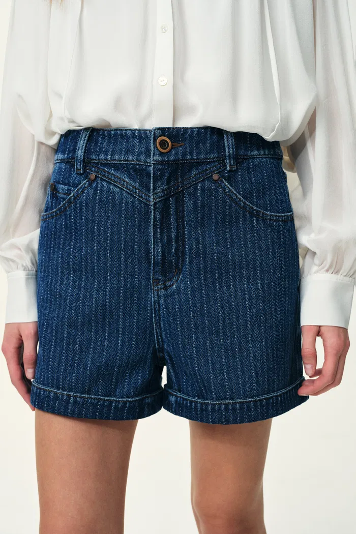 Salome Vertical Stripe Shorts in Herringbone Denim - Image 4