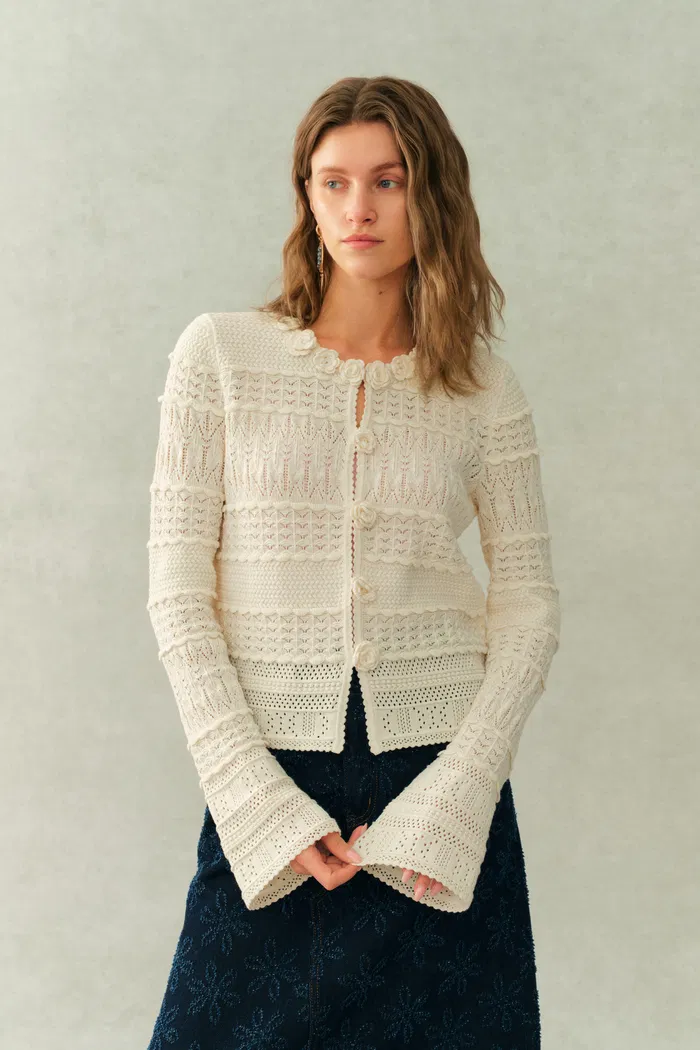 Sanchez Hand-Crocheted Floral Openwork Textured Cardigan In Cotton Yarn Knit - Image 2