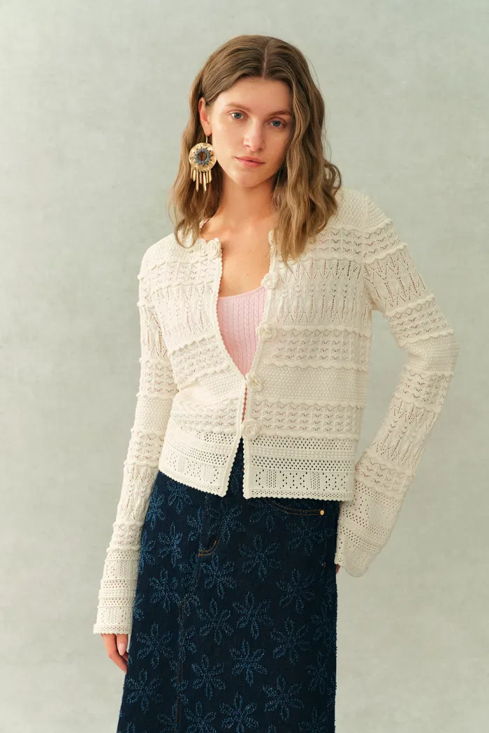 Sanchez Hand-Crocheted Floral Openwork Textured Cardigan In Cotton Yarn Knit - Image 3