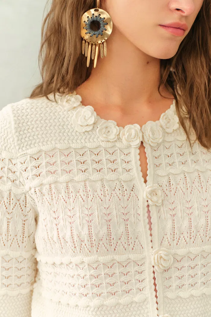 Sanchez Hand-Crocheted Floral Openwork Textured Cardigan In Cotton Yarn Knit - Image 5
