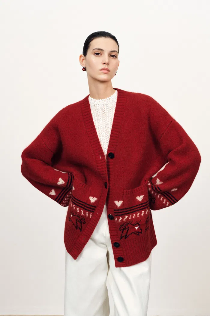 Sara Fair Isle Pony Cardigan in Angora Raccoon Knit Blend - Image 2