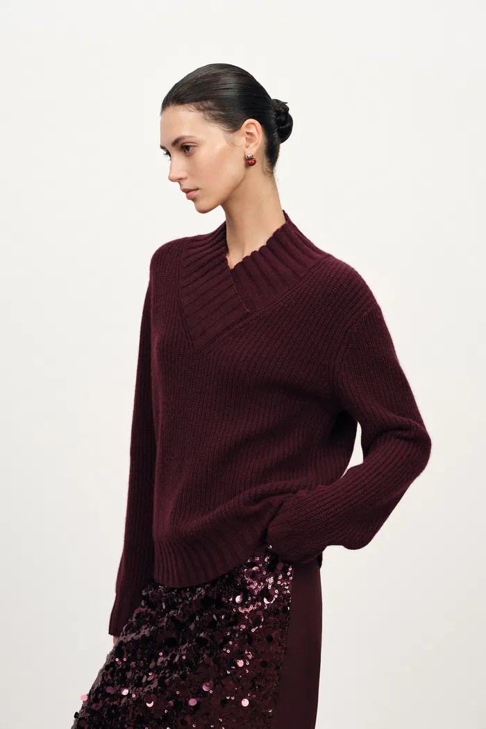 Scarlett Crossover V Neck Sweater in Merino Wool Cashmere Rib Knit - Image 2