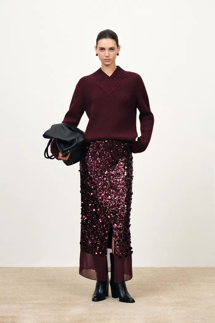 Scarlett Crossover V Neck Sweater in Merino Wool Cashmere Rib Knit - Image 3