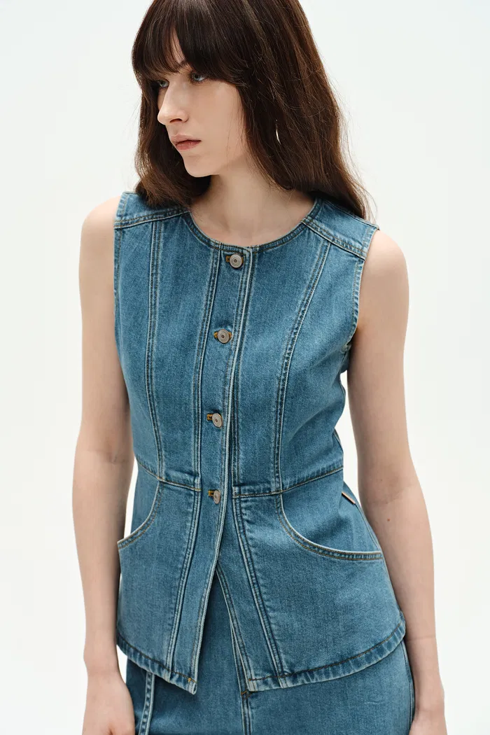 Selena Sleeveless Vest Top in Technical Lyocell Denim - Image 9