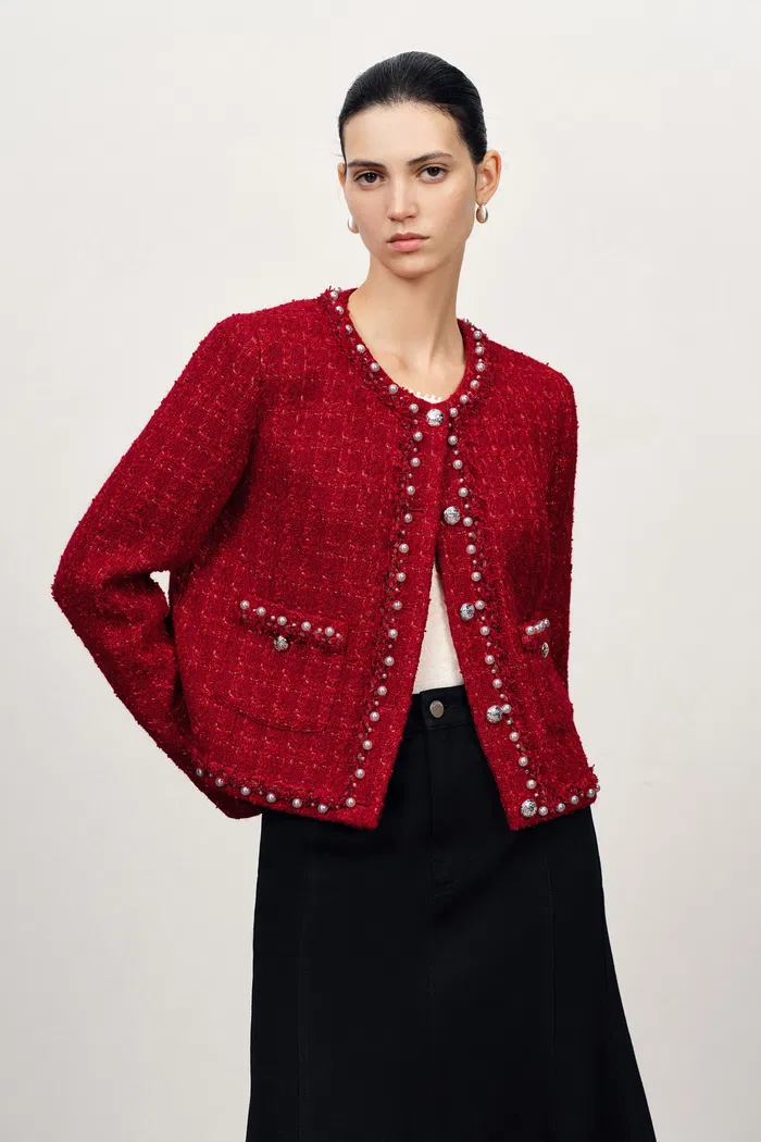Seraphina Pearl Beaded Trims Boxy Jacket in French Tweed - Image 2