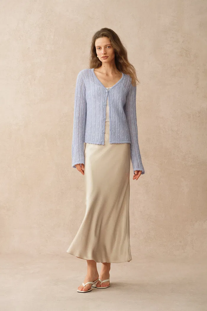 Serenity V Neck Sheer Cardigan in Lightweight Cable Knit - Image 3