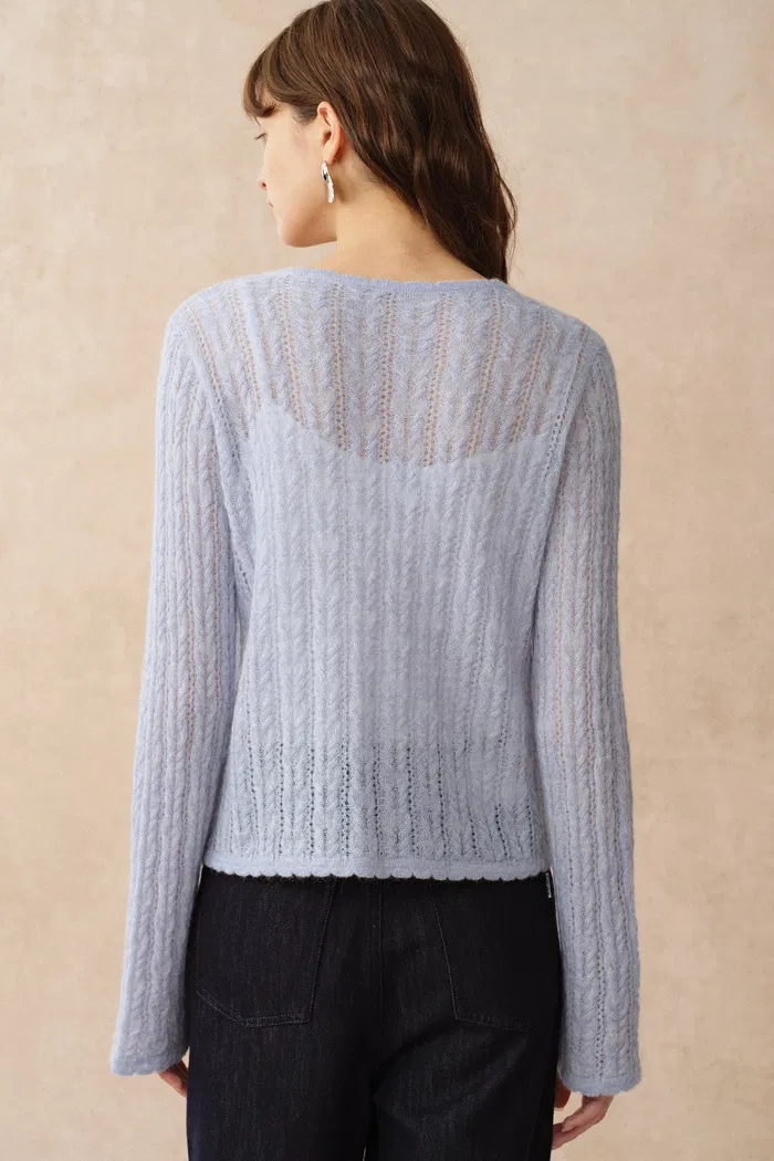 Serenity V Neck Sheer Cardigan in Lightweight Cable Knit - Image 5