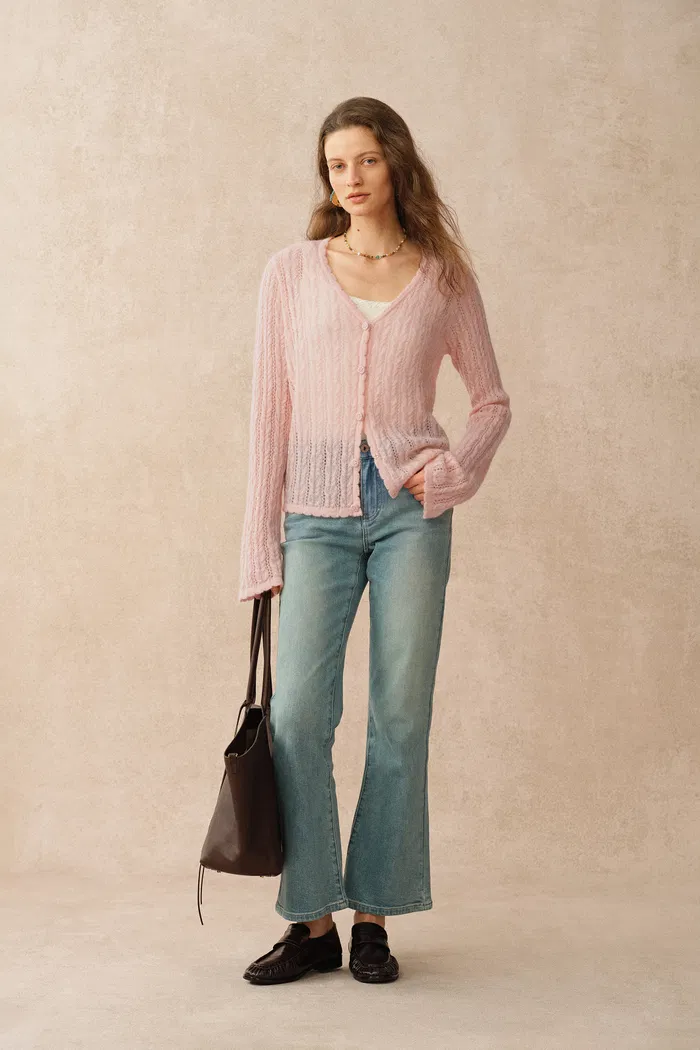 Serenity V Neck Sheer Cardigan in Lightweight Mohair Cable Knit - Image 3