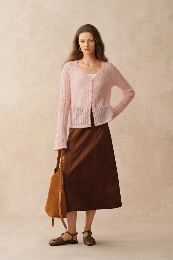 Serenity V Neck Sheer Cardigan in Lightweight Mohair Cable Knit - Image 4