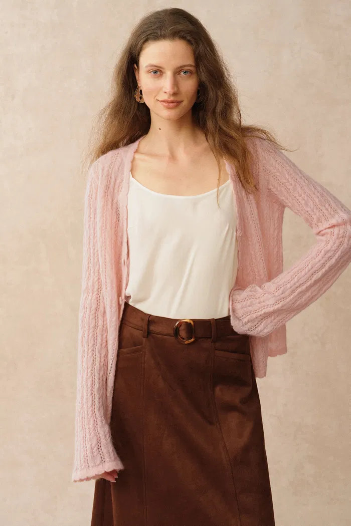 Serenity V Neck Sheer Cardigan in Lightweight Mohair Cable Knit - Image 5