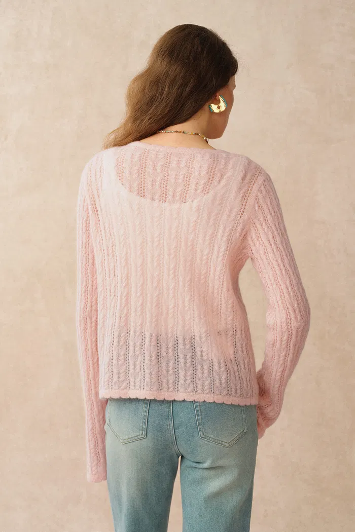 Serenity V Neck Sheer Cardigan in Lightweight Mohair Cable Knit - Image 6