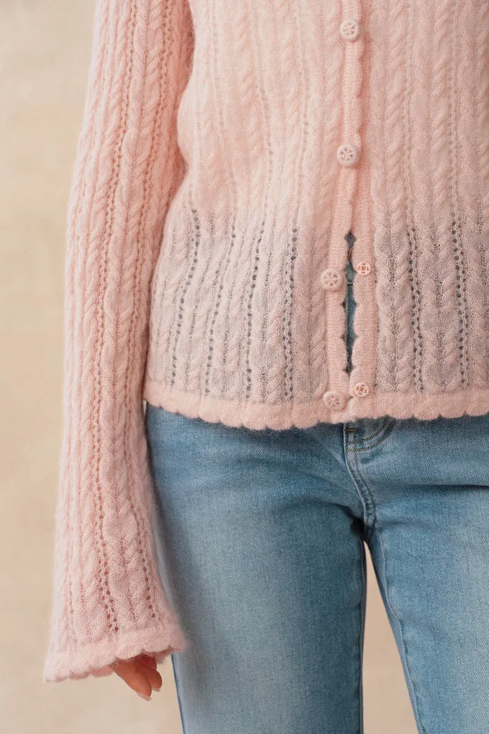 Serenity V Neck Sheer Cardigan in Lightweight Mohair Cable Knit - Image 7