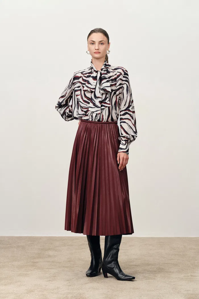 Shakti Hand Painted Zebra Print Flowing Tie Blouse in Silk-Wool Fine Twill - Image 3