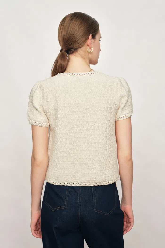 Shay Short Sleeve Crop Cardigan in Textured Cotton Knit - Image 3