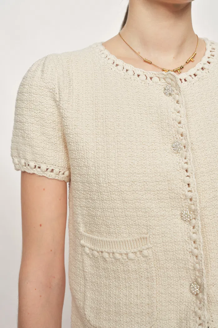 Shay Short Sleeve Crop Cardigan in Textured Cotton Knit - Image 4