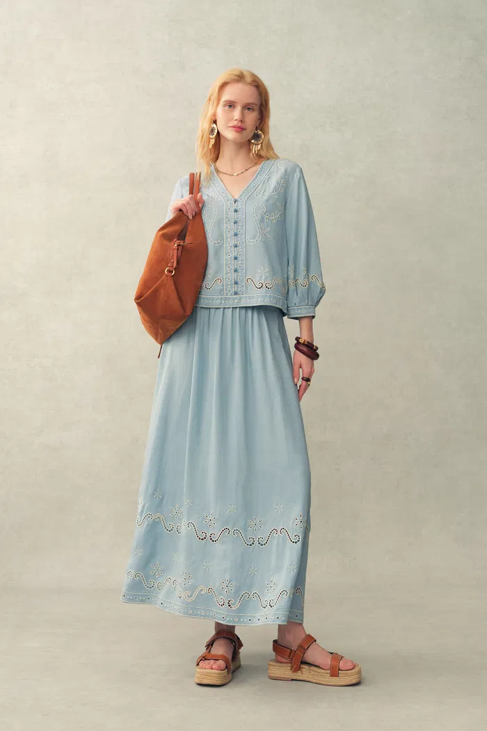 Shirley Eyelet Embroidered Washed Light-Blue Denim Skirt in Tencel Denim - Image 4