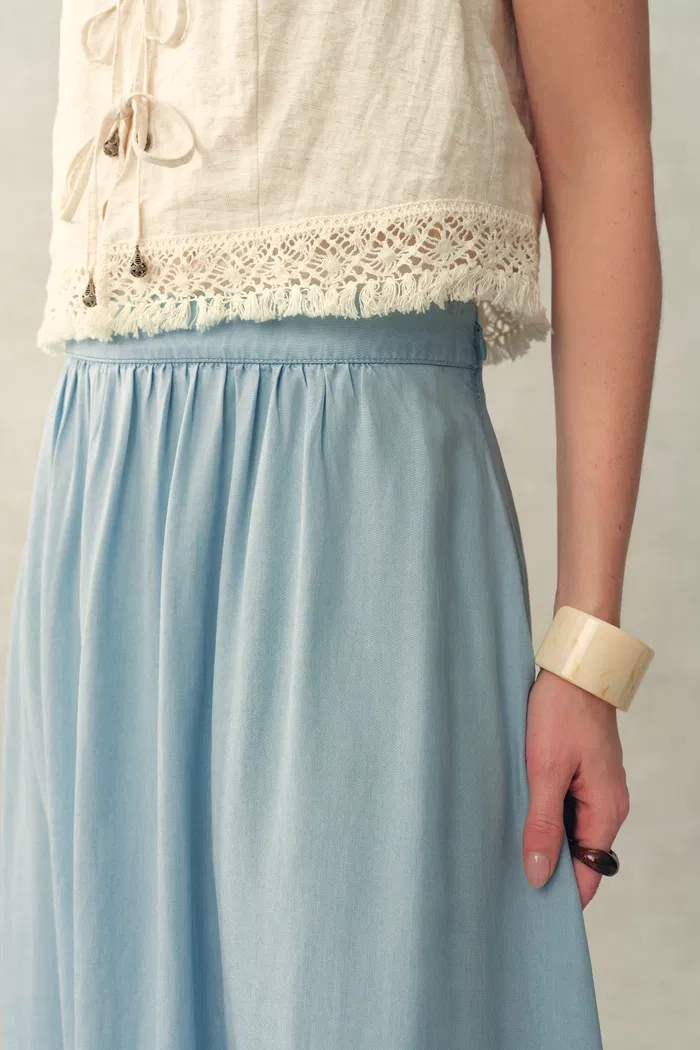 Shirley Eyelet Embroidered Washed Light-Blue Denim Skirt in Tencel Denim - Image 7
