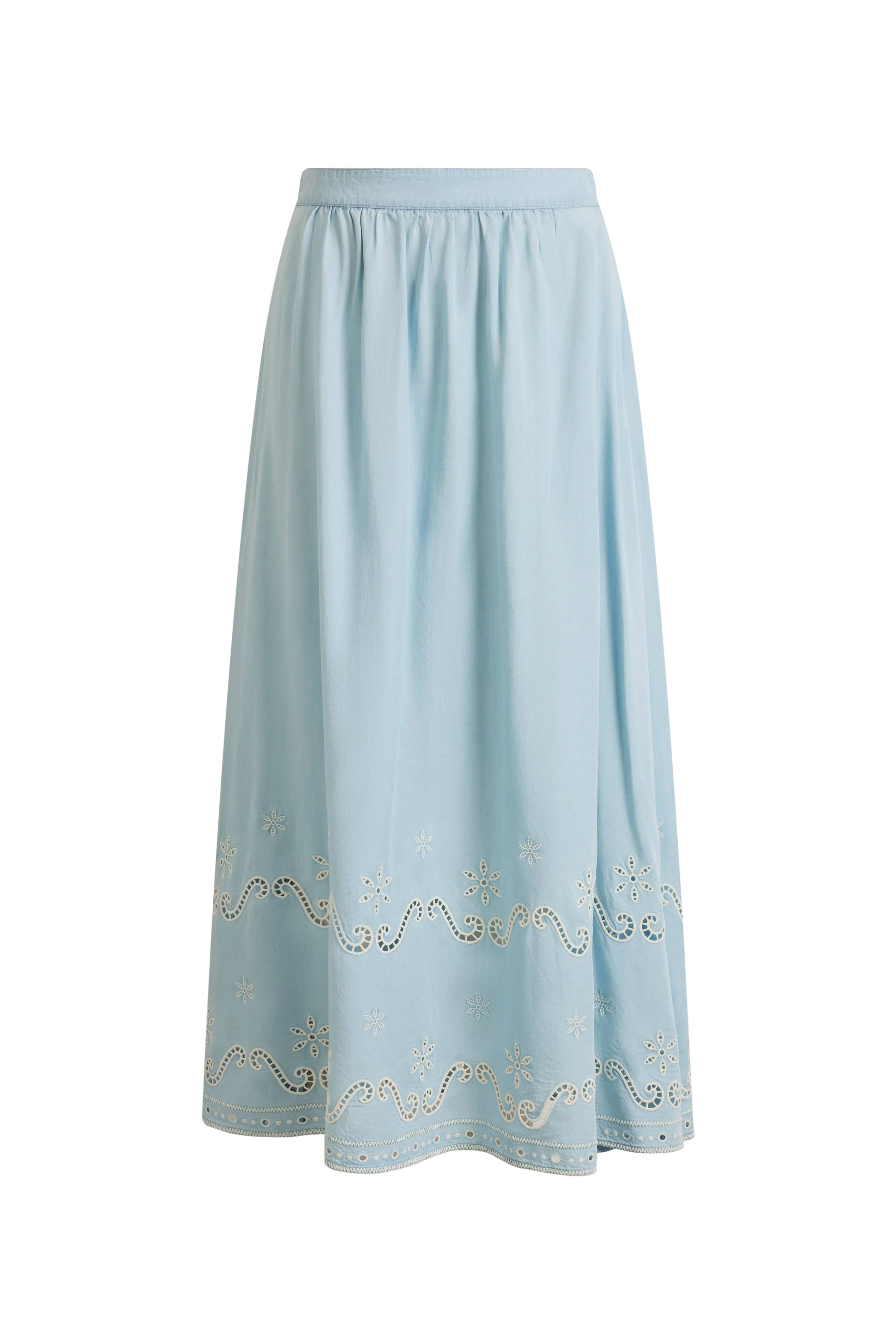 Shirley Eyelet Embroidered Washed Light-Blue Denim Skirt in Tencel Denim - Image 8