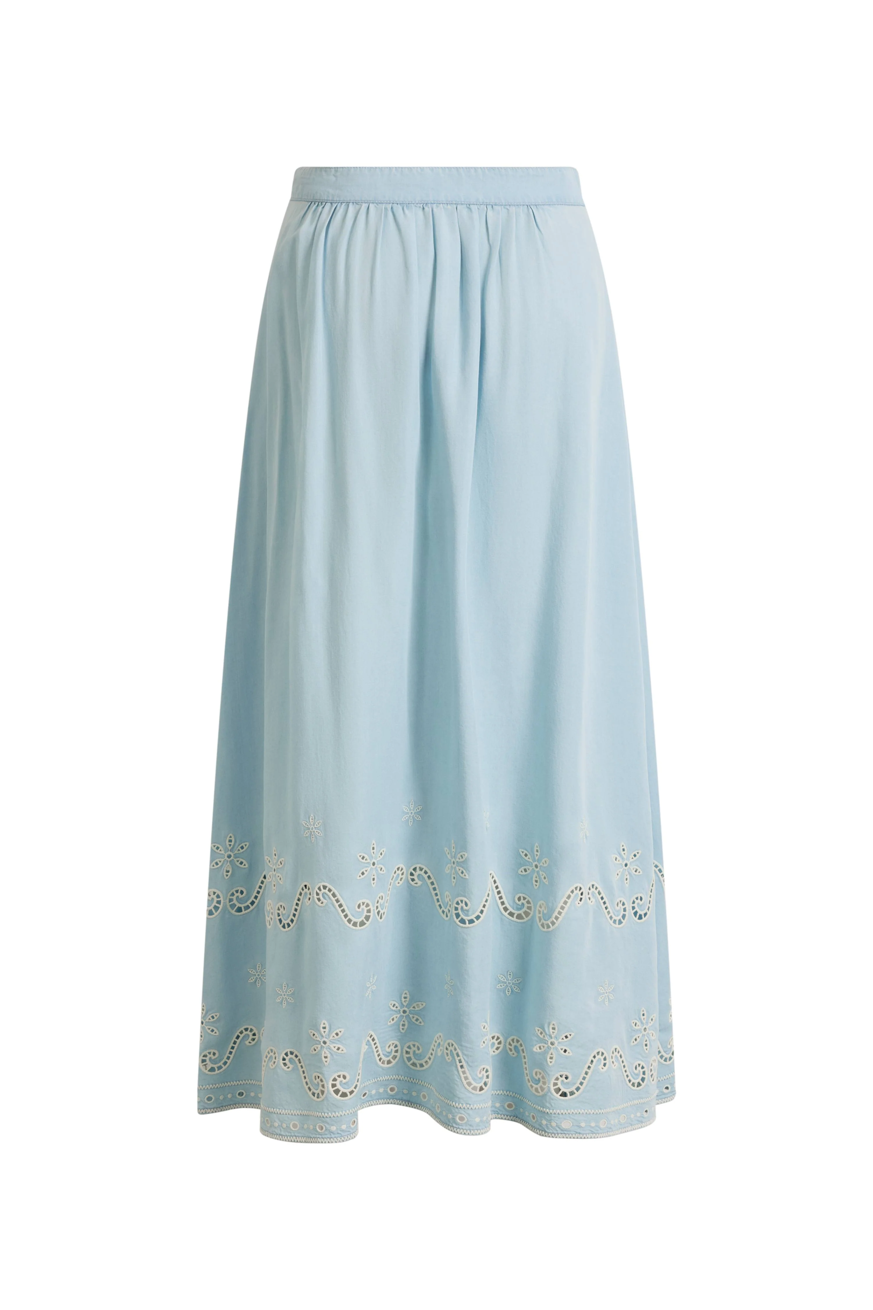 Shirley Eyelet Embroidered Washed Light-Blue Denim Skirt in Tencel Denim - Image 9