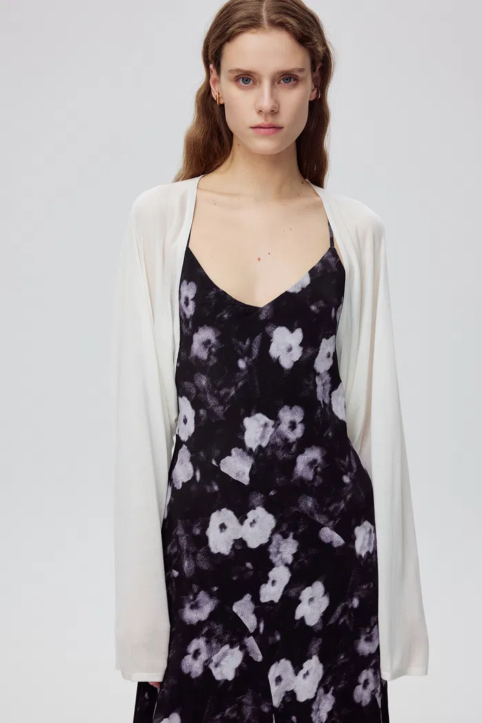 Shrug Semi Sheer Cardigan in Tencel Silk Knit - Image 2