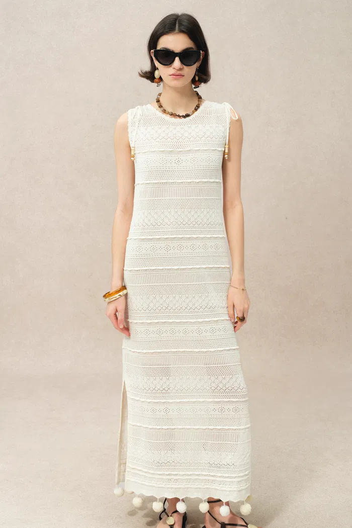 Sibilla Multi Stitchwork Maxi Crochet Dress in Cotton Knit - Image 5