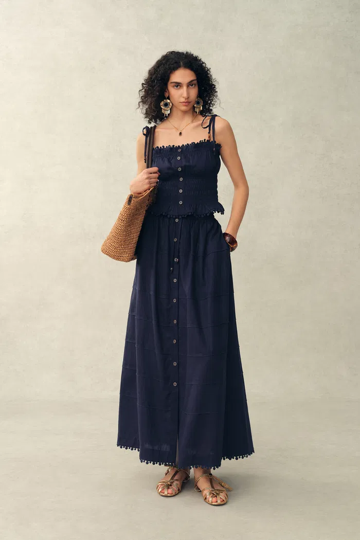 Siena Smocked Tie Front Bandeau Top and Maxi Skirt Set in Linen Blend-Dark Blue