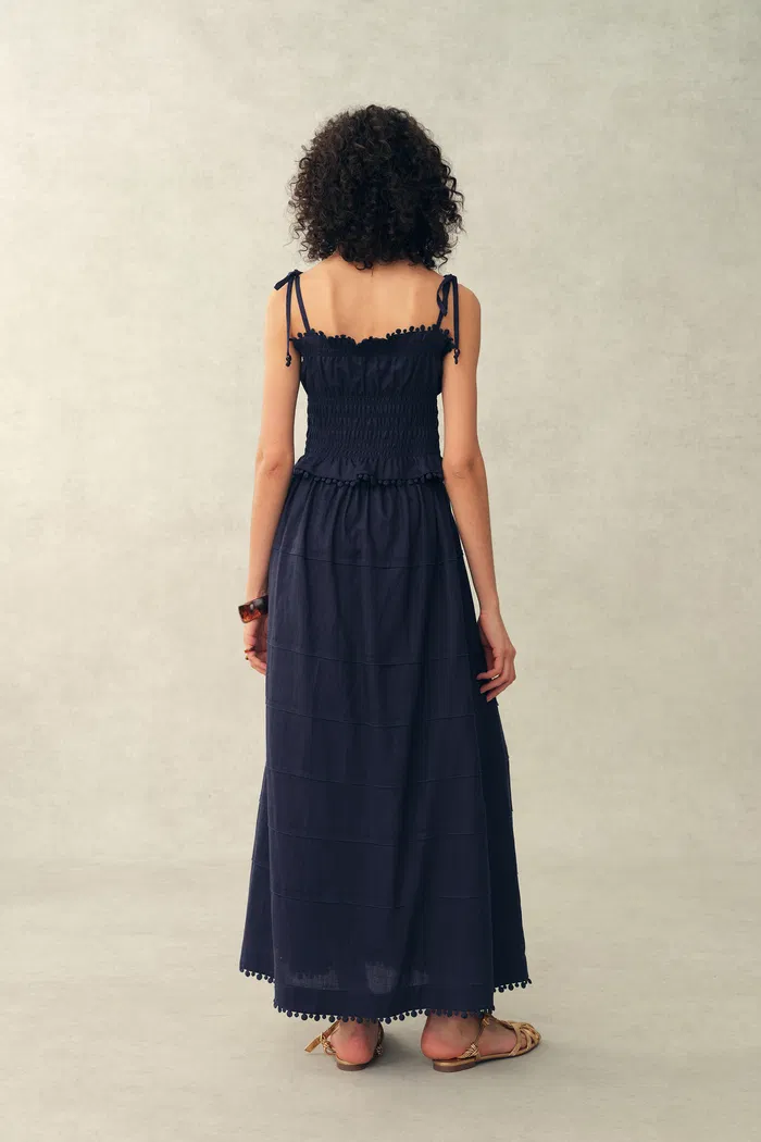 Siena Smocked Tie Front Bandeau Top and Maxi Skirt Set in Linen Blend-Dark Blue - Image 2