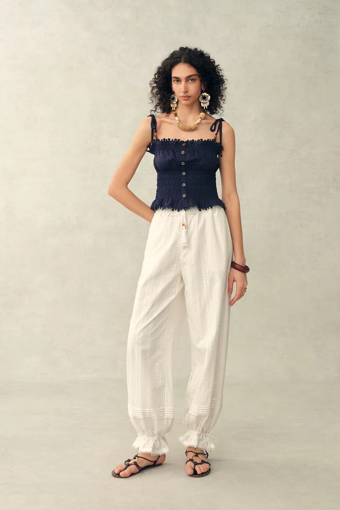 Siena Smocked Tie Front Bandeau Top and Maxi Skirt Set in Linen Blend-Dark Blue - Image 3
