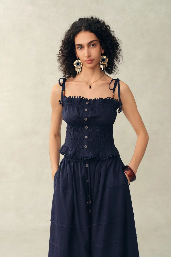 Siena Smocked Tie Front Bandeau Top and Maxi Skirt Set in Linen Blend-Dark Blue - Image 5
