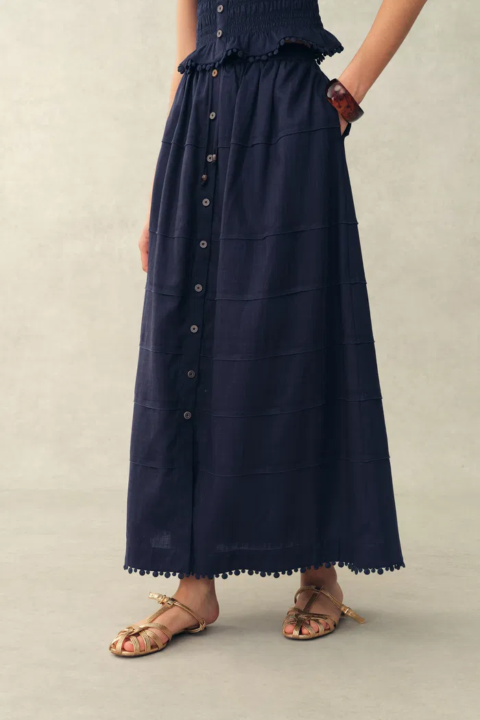 Siena Smocked Tie Front Bandeau Top and Maxi Skirt Set in Linen Blend-Dark Blue - Image 6