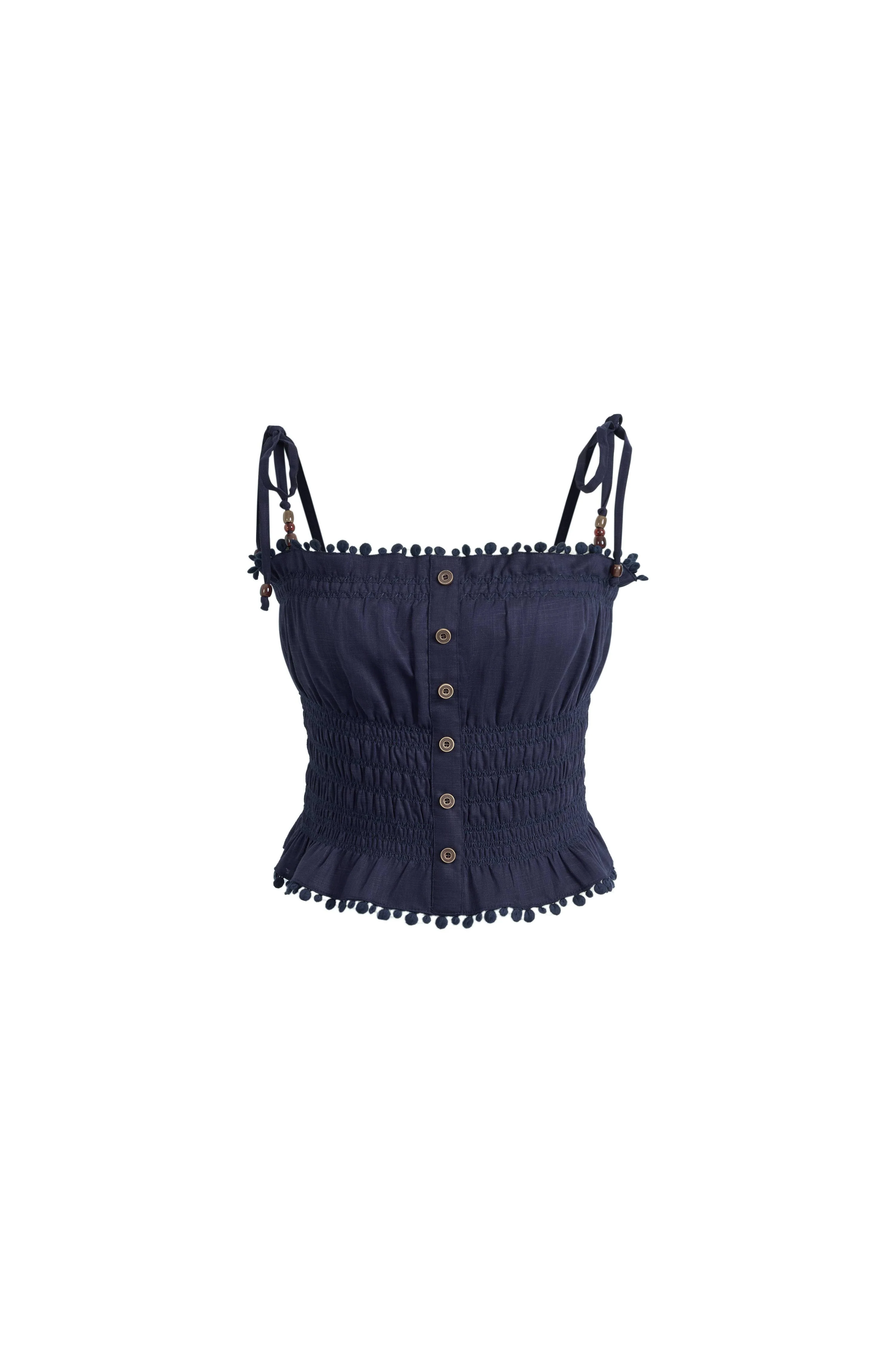 Siena Smocked Tie Front Bandeau Top and Maxi Skirt Set in Linen Blend-Dark Blue - Image 7