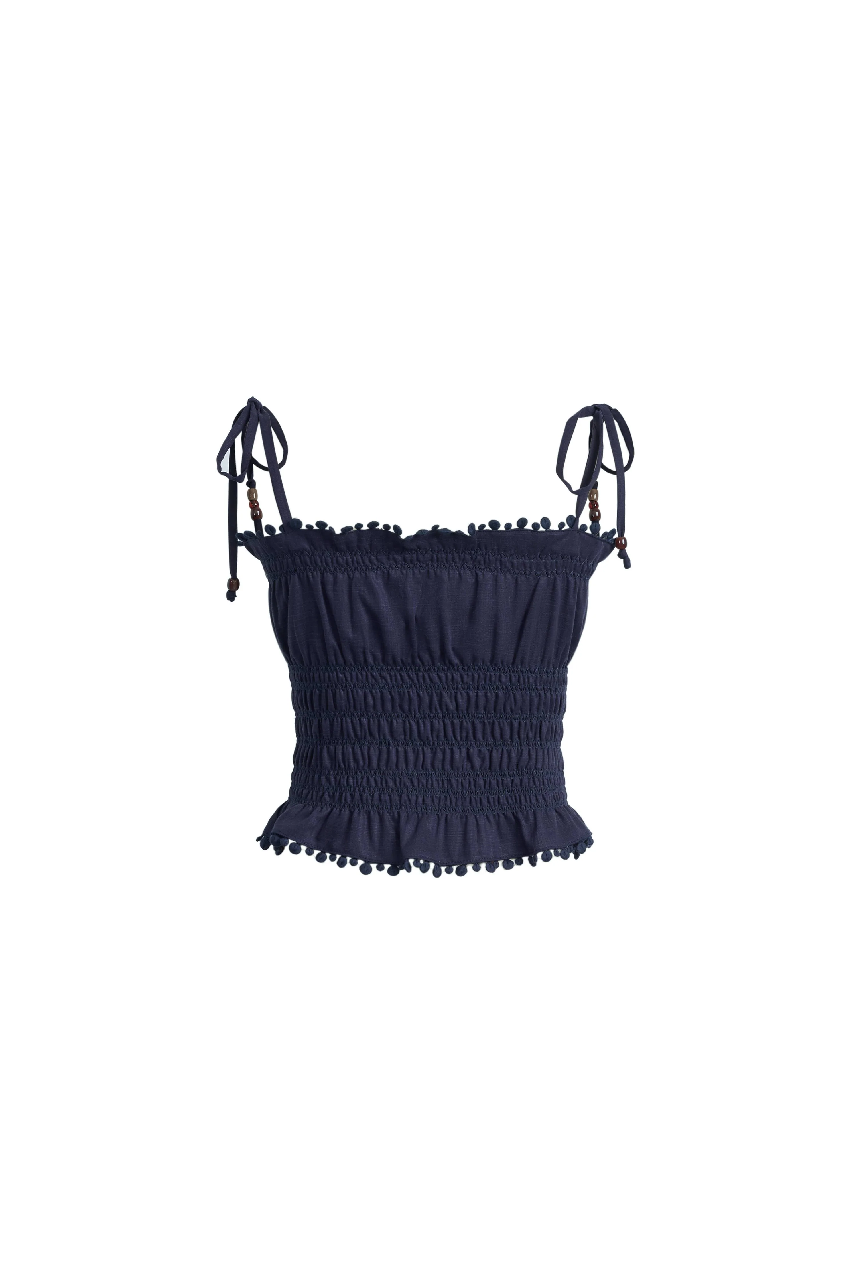 Siena Smocked Tie Front Bandeau Top and Maxi Skirt Set in Linen Blend-Dark Blue - Image 8