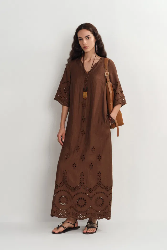 Sienna Embroidered Robe Dress in Linen Blend - Image 4