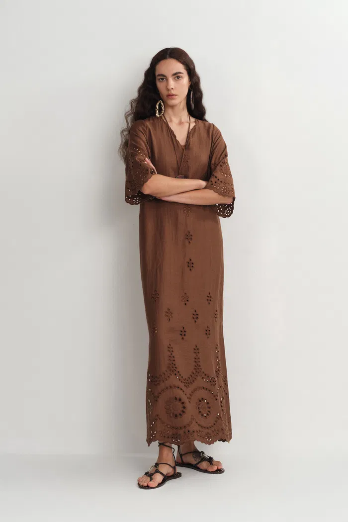 Sienna Embroidered Robe Dress in Linen Blend - Image 5