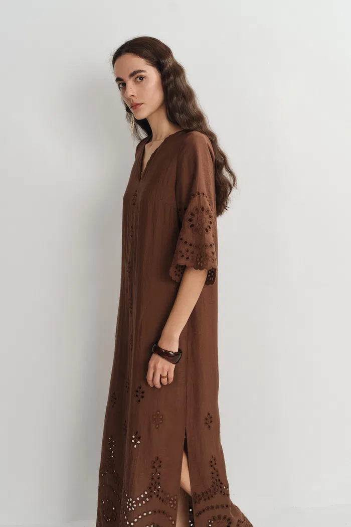 Sienna Embroidered Robe Dress in Linen Blend - Image 7