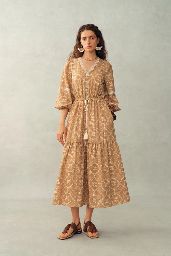 Sierra V Neck Lantern Sleeve Maxi Dress in Burnout Floral Fabric