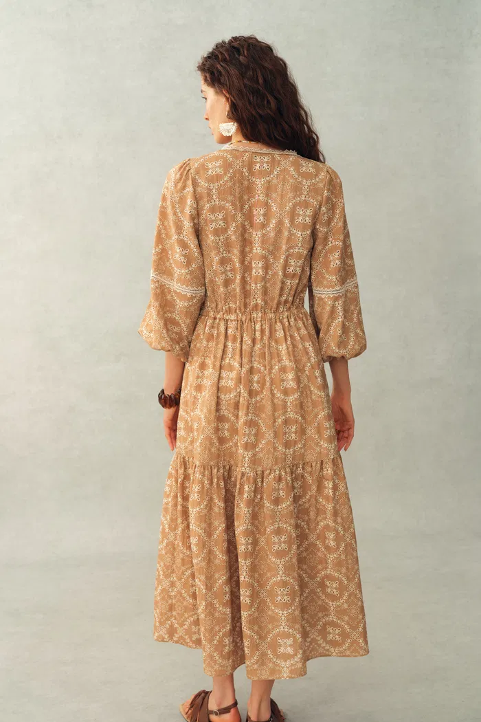 Sierra V Neck Lantern Sleeve Maxi Dress in Burnout Floral Fabric - Image 2