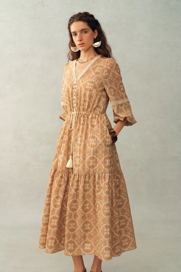 Sierra V Neck Lantern Sleeve Maxi Dress in Burnout Floral Fabric - Image 4
