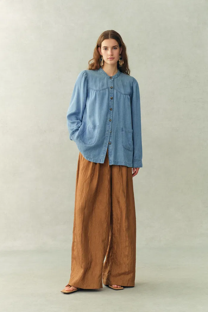Simone Smocked Tencel Denim Shirt in Tencel Denim - Image 3