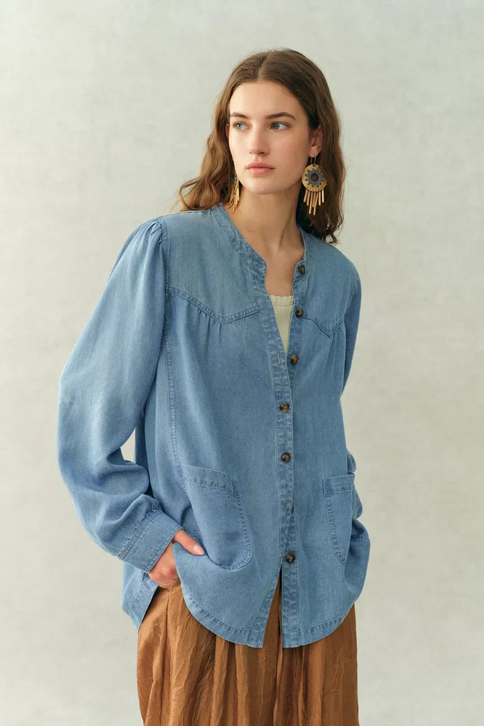 Simone Smocked Tencel Denim Shirt in Tencel Denim - Image 4