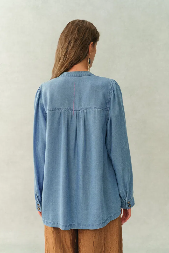 Simone Smocked Tencel Denim Shirt in Tencel Denim - Image 5