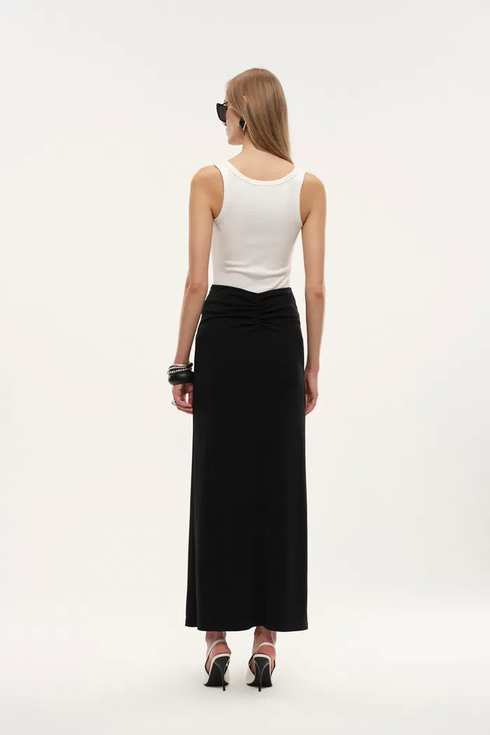 Siren Ruched Slit Midi Skirt in Four Way Stretch Fabric - Image 4