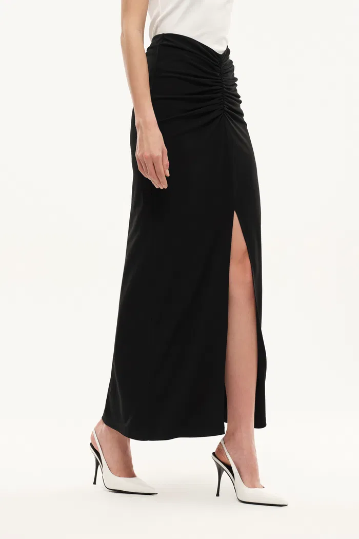 Siren Ruched Slit Midi Skirt in Four Way Stretch Fabric - Image 5