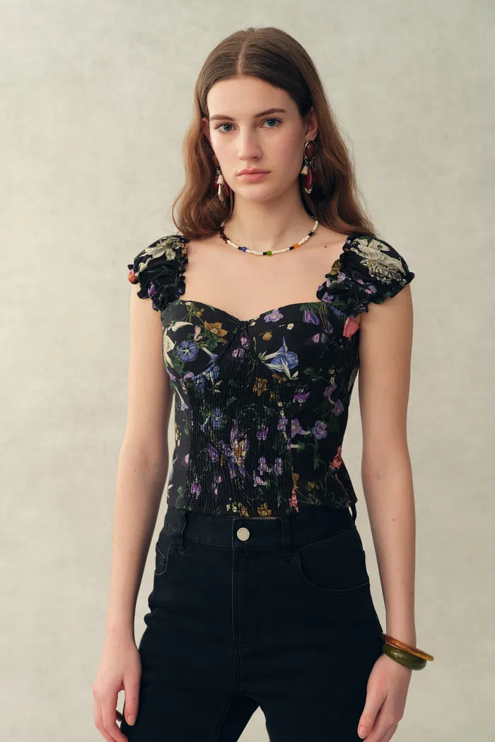 Sirena Smocked  Pomegranate Print Cami Top with Built-In Cups in Silk Cotton Blend - Image 2