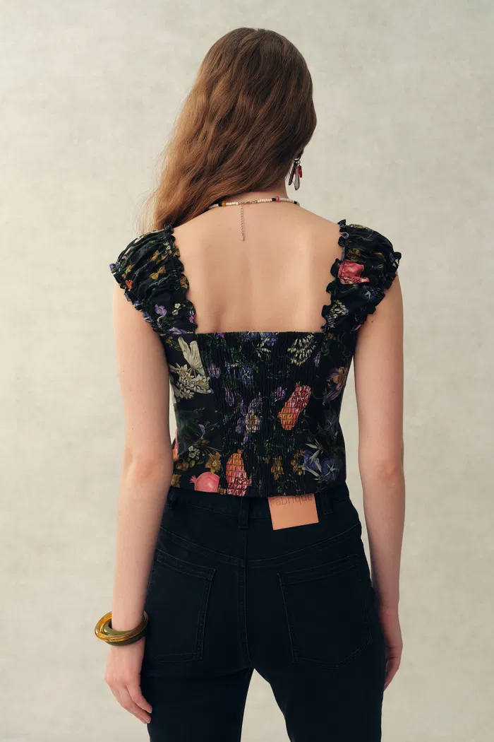 Sirena Smocked  Pomegranate Print Cami Top with Built-In Cups in Silk Cotton Blend - Image 3
