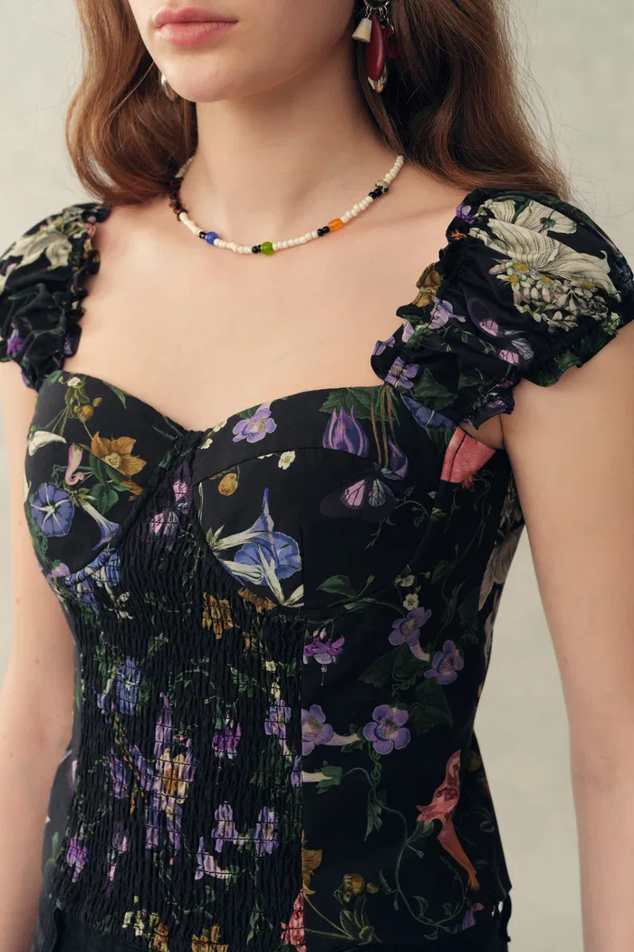 Sirena Smocked  Pomegranate Print Cami Top with Built-In Cups in Silk Cotton Blend - Image 4