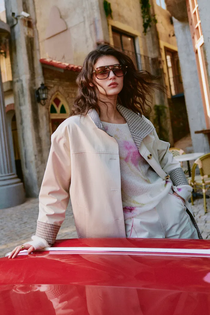 Sita Check Panel Belted Cropped Trench Coat In Trench Cotton - Image 3