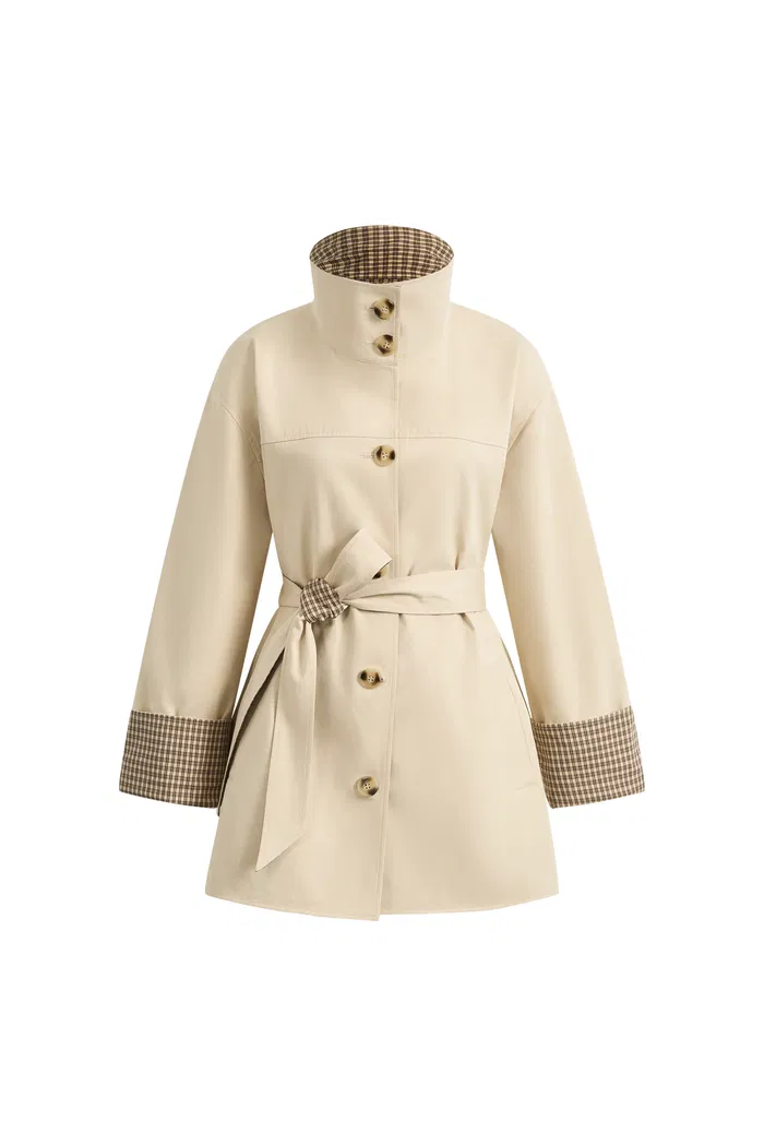 Sita Check Panel Belted Cropped Trench Coat In Trench Cotton - Image 8