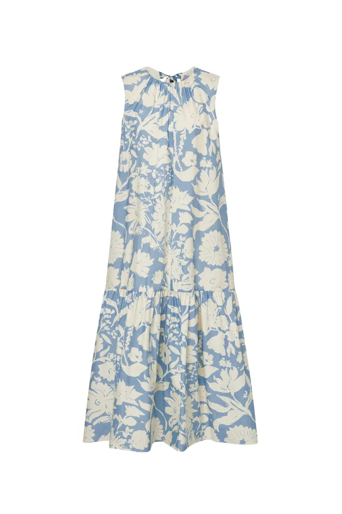 Sky Flora Print Sleeveless Dress in Cotton Poplin - Image 10